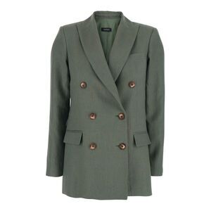 Plain Women Green Double-Breasted Jacket With Peak Revers In Linen Woman